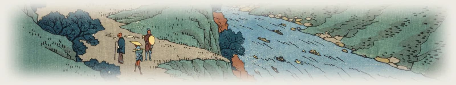 Detail of a Hiroshige woodblock print of Sokokura, Hakone: travellers on a mountain path beside a rushing river