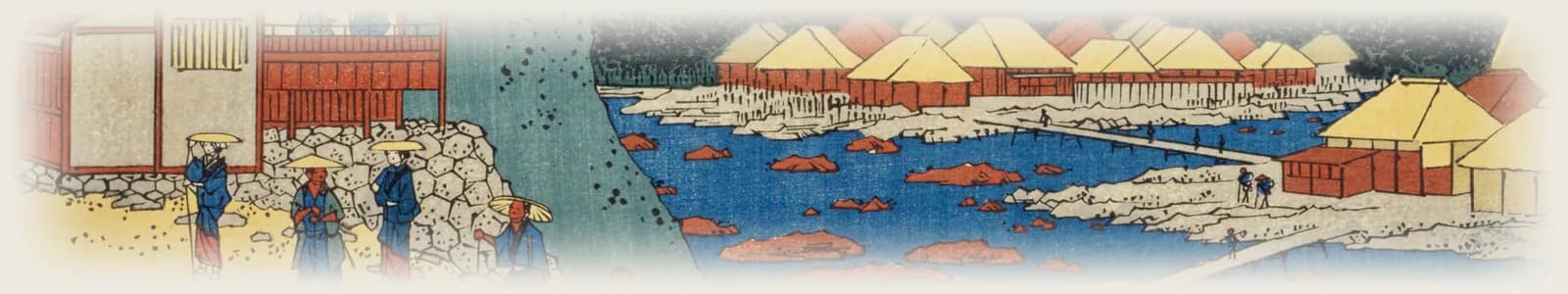 Detail of a Hiroshige woodblock print of Yumoto, Hakone: travellers in straw hats on the road, and thatched inns across a rocky river