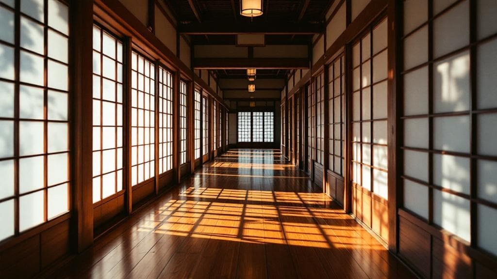 Traditional Japanese ryokan interior with tatami mats and shoji screens