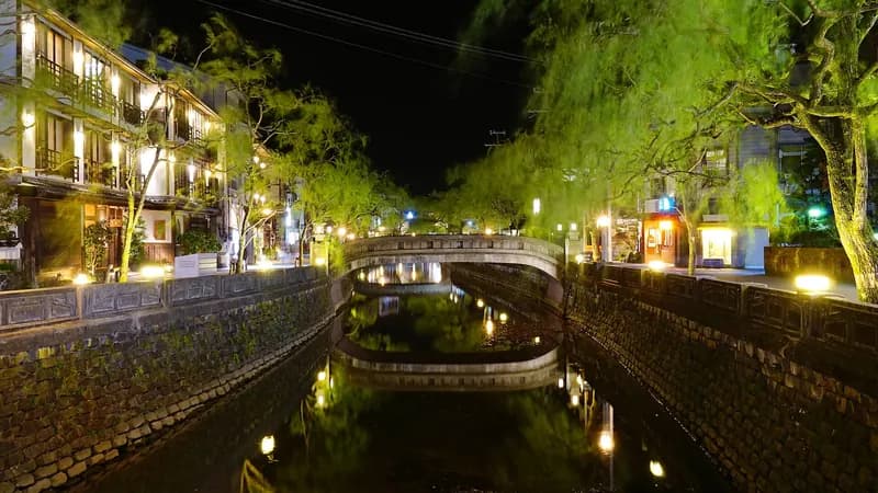 Kinosaki Onsen at night: the willow-lined Otani River canal with a stone bridge and lit inns on both banks