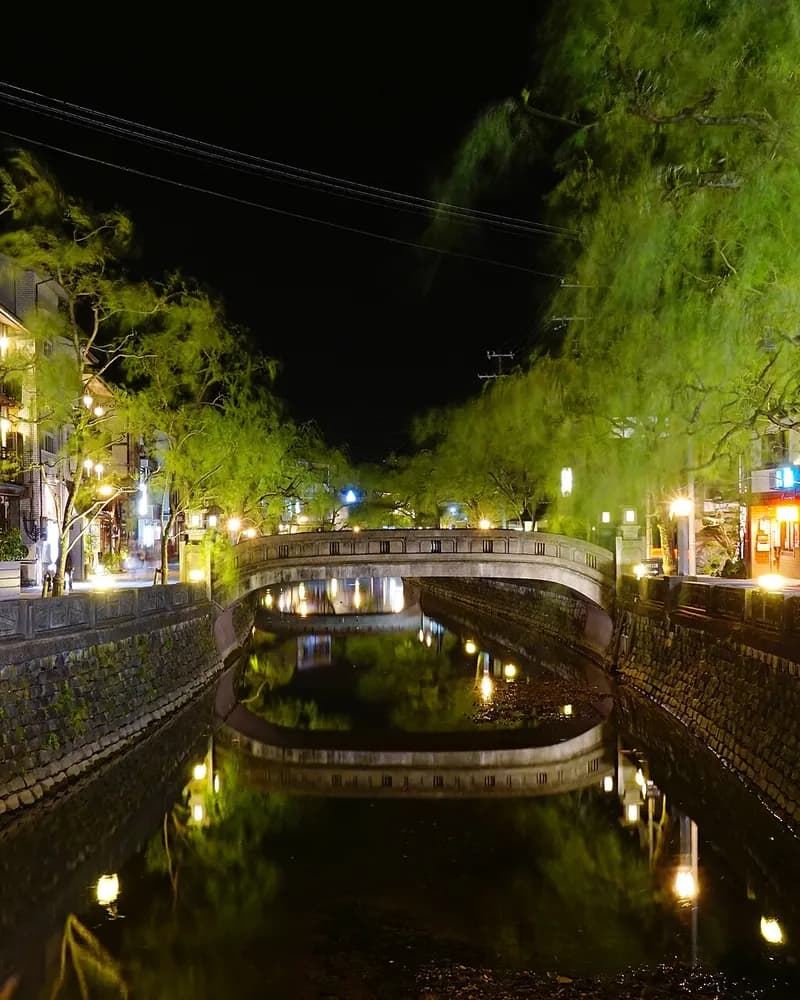 Willows and a stone bridge over the canal in Kinosaki Onsen, lit at night