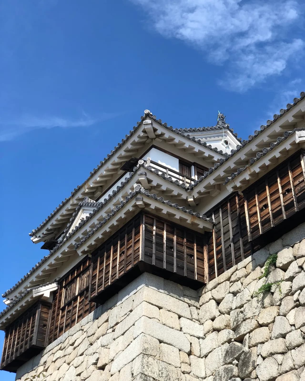 A white-walled turret of Matsuyama Castle behind a stone wall, in late afternoon light